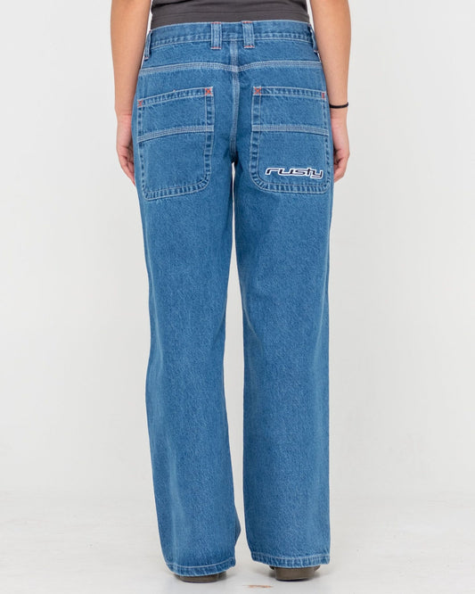 Rusty Flip Mommy Low Rise Wide Leg Denim Jean - Middy Blue / Orange