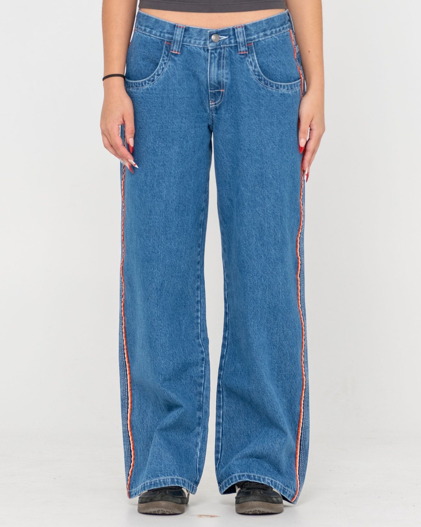 Rusty Flip Mommy Low Rise Wide Leg Denim Jean - Middy Blue / Orange