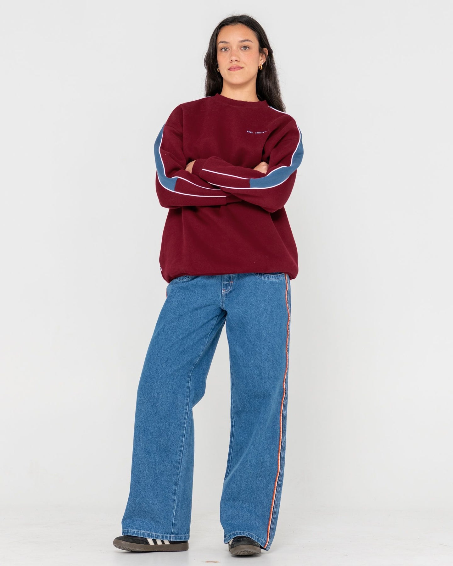 Rusty Flip Mommy Low Rise Wide Leg Denim Jean - Middy Blue / Orange