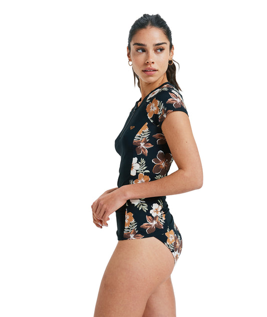 Roxy CS Half Zip Lycra Short Sleeeve Rash Vest - Almond Tropical Feels