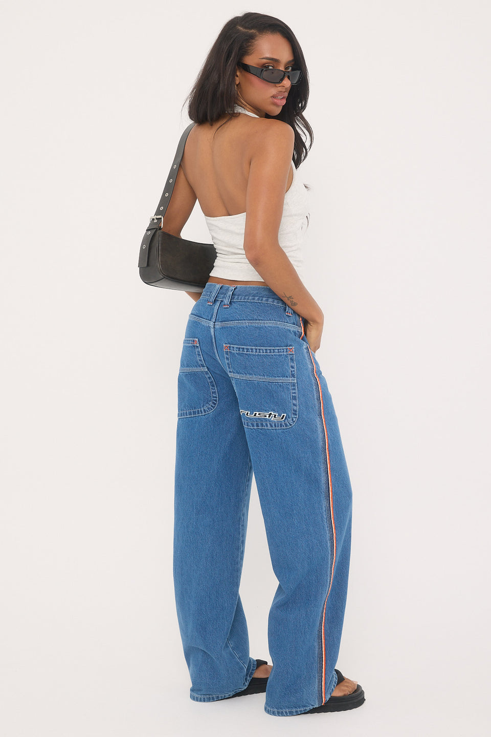 Rusty Flip Mommy Low Rise Wide Leg Denim Jean - Middy Blue / Orange