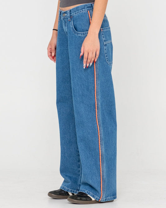 Rusty Flip Mommy Low Rise Wide Leg Denim Jean - Middy Blue / Orange