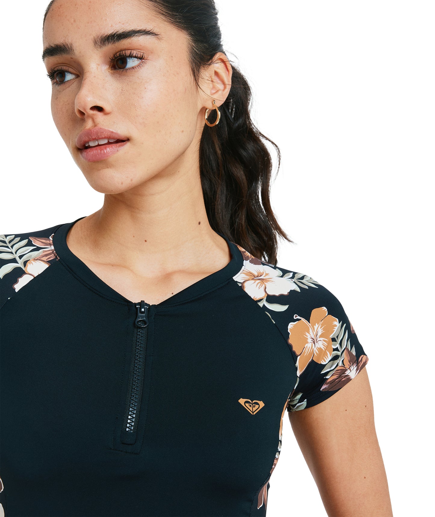 Roxy CS Half Zip Lycra Short Sleeeve Rash Vest - Almond Tropical Feels