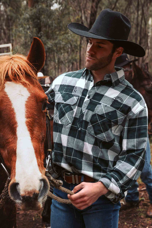 Ringers Western Kingswood Mens Half Button Flannel - Pine / White