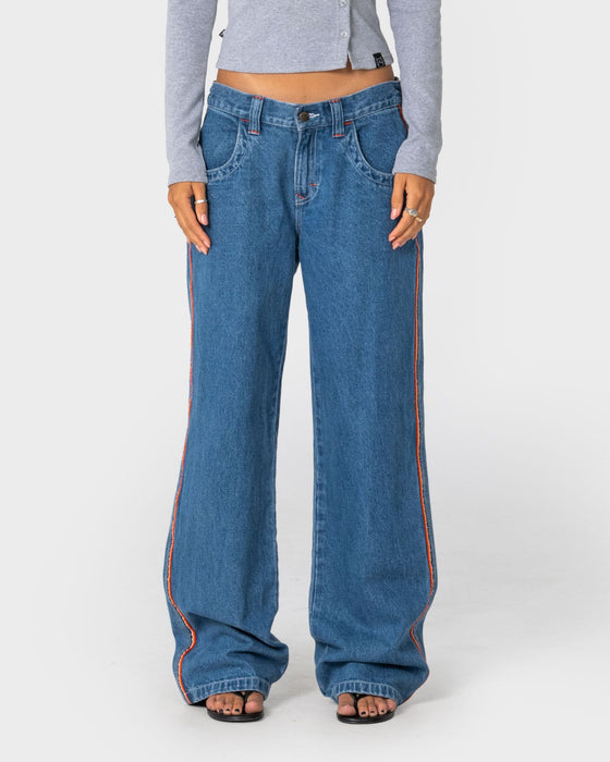 Rusty Flip Mommy Low Rise Wide Leg Denim Jean - Middy Blue / Orange