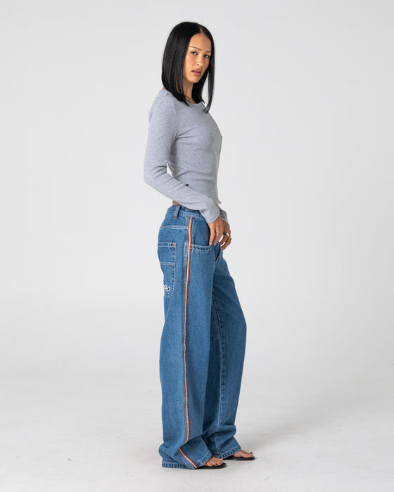 Rusty Flip Mommy Low Rise Wide Leg Denim Jean - Middy Blue / Orange