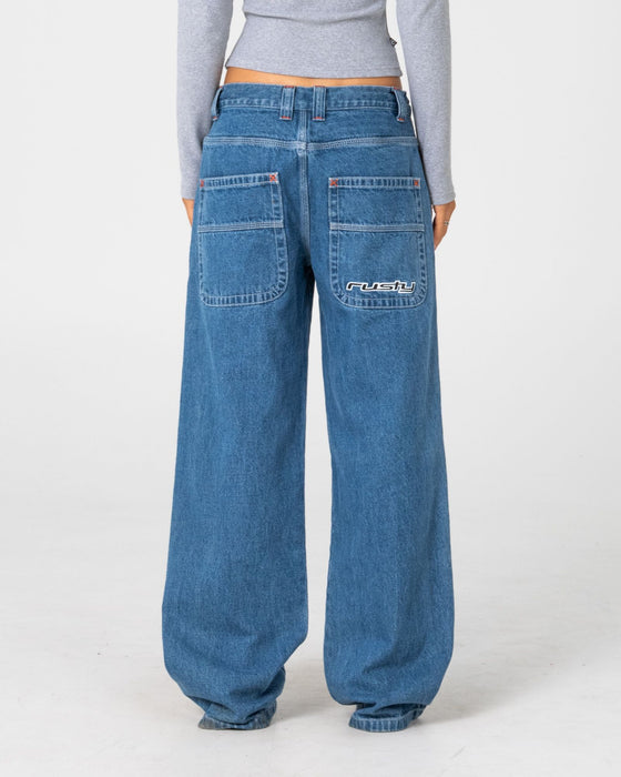 Rusty Flip Mommy Low Rise Wide Leg Denim Jean - Middy Blue / Orange