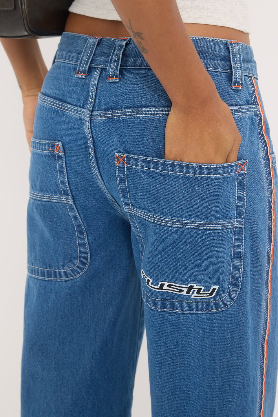 Rusty Flip Mommy Low Rise Wide Leg Denim Jean - Middy Blue / Orange
