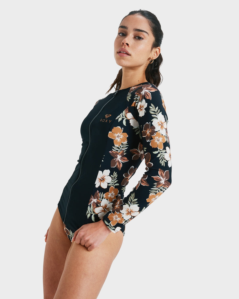 Roxy CS Full Zipped Lycra Long Sleeve Rash Vest - Almond Tropical Feels