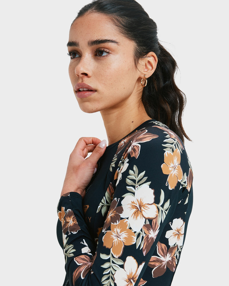 Roxy CS Full Zipped Lycra Long Sleeve Rash Vest - Almond Tropical Feels