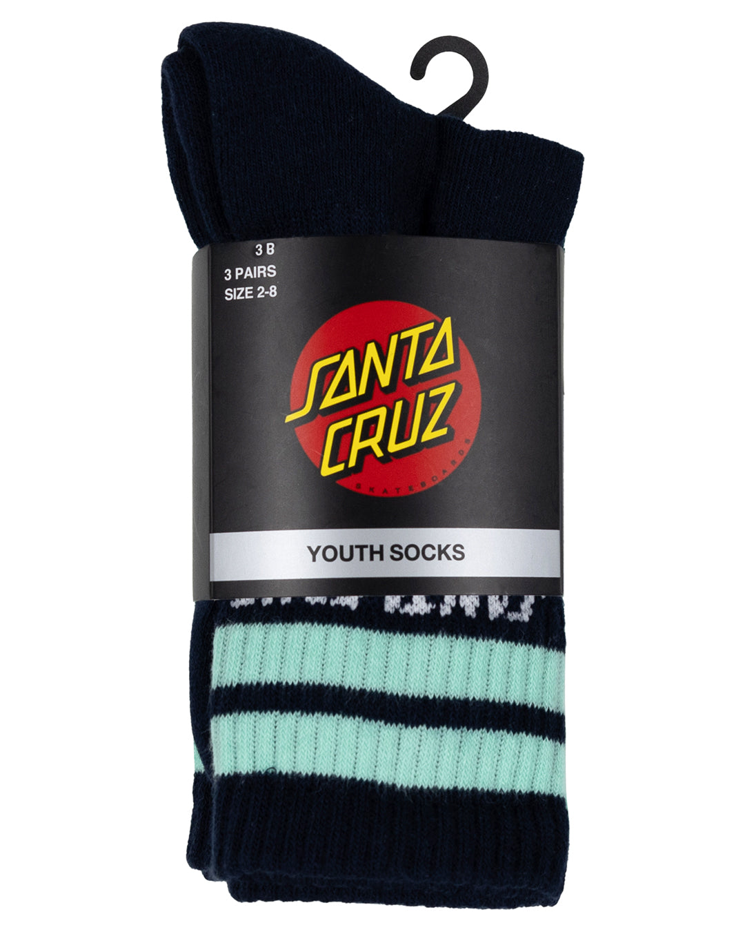 Santa Cruz Solid Strip Splice Crew Sock 3 Pack Youth 2-8 - Navy-Stripe-Aqua