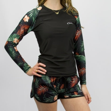 Carve Kaia Girls Long Sleeve Rashie - Black/Floral